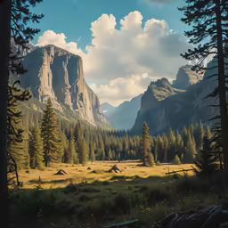 the mountain is surrounded by tall, grassy forests and mountains