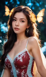 a young lady is posing for a picture with two butterflies on her head