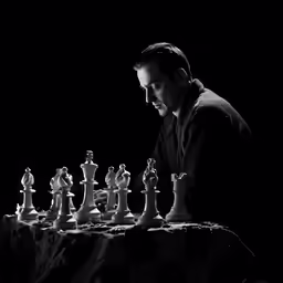 a man sitting at a table looking down at chess pieces