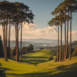 trees on the other side of a green with hills in the background