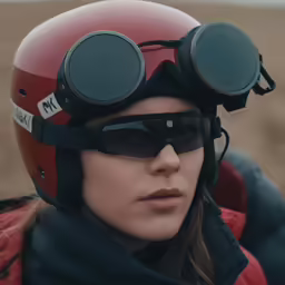 there is a girl wearing a motorcycle helmet and goggles