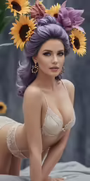 a close up of a person in lingerie with sunflowers