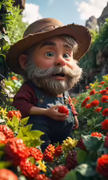 an old man is holding a strawberry in a garden
