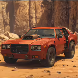 an orange and grey delapidable vehicle is in a desert