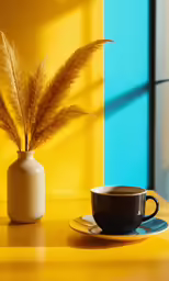 a teacup sitting on a yellow table next to a small flower