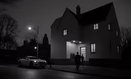 a man stands outside of his home on a dark street at night
