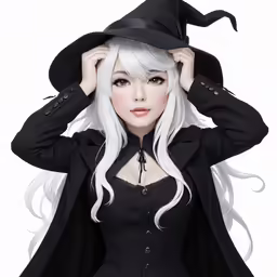 the girl in black is dressed as a white haired witch