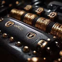 some black and gold types of items that are on display