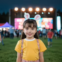 little girl wearing bunny ears at night in an open air festival