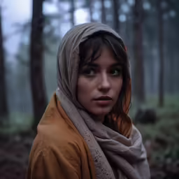 young woman in hooded scarf and hood in forest