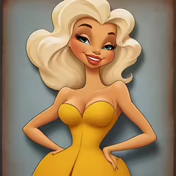 the character lady has big breasts and is wearing a yellow dress