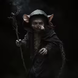 an evil wizard dressed in black is holding a stick