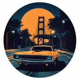 a yellow car on a road with a golden gate bridge in the background