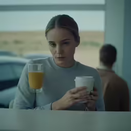 a young woman in gray sweater holding up a cup of orange juice