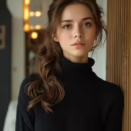 a woman standing by a door looking directly into the camera