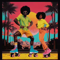two people in roller skates in front of a retro poster,a man and woman riding skates in front of palm trees