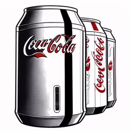 a set of four coke cans one has a red bottom,this is a drawing of three soda cans,three cans of coca cola next to each other,a close up of two large cans of coke,three can of coca cola stacked up next to each other