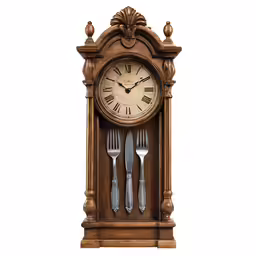 a fancy wooden clock with silverware and cutlery laying next to it