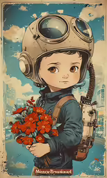 the girl wearing a helmet is holding a bouquet of flowers