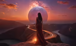 woman standing at the edge of a cliff looking up at an enormous moon and star filled sky