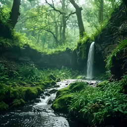 a small stream runs through a mossy and rocky forest