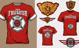 a red fire fighter shirt with matching emblems,a picture of fire department shirts