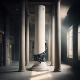 a statue of an angel in a room that has lots of pillars