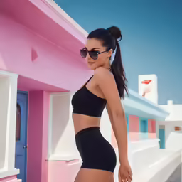 a woman in a black bathing suit posing for a photo