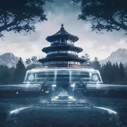 a bus with pagoda on top driving by