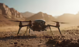 a small quadlighted device is in a desert area