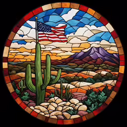 a desert scene with an american flag stained in glass