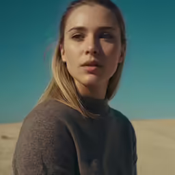 a beautiful young blond woman in grey turtleneck