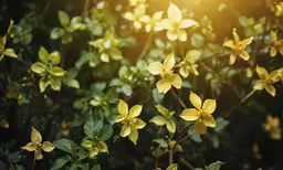 yellow flowers with green leaves against a sunlit background