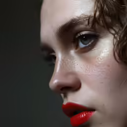 a close up of a woman with red lipstick