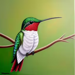 a painting of a hummingbird sitting on a branch,a bird perched on a small branch