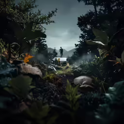 a person standing on a trail through a lush green forest