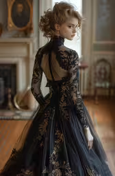 a model in a black dress with gold embroidered on the skirt,young woman in an elegant black and gold dress