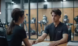 the woman sits at a table and is looking at the man