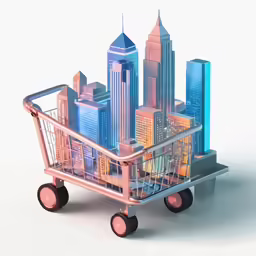 a shopping cart with buildings on it