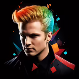 a male with a multi - colored mohawk wearing a black shirt