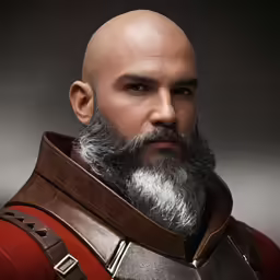 a bald man wearing armor looking ahead