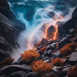 a group of rocks surrounded by fog and water