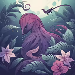 a fantasy bird standing on a jungle, with leaves around it