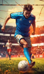 the boy is kicking a soccer ball on the field,a soccer player kicking the ball in front of a stadium