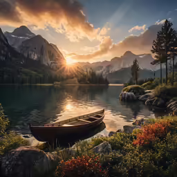 a boat sitting on top of a lake near a mountain