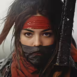 a woman is dressed in black and red wearing a head band and holding a samurai sword