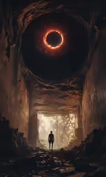 the person is standing in a dimly lit tunnel with an orb above it