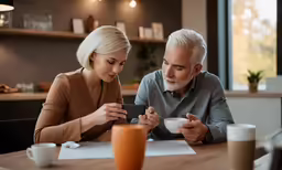 an older man and woman are looking at the screen