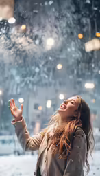 a woman laughing in the snow