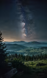 the night sky is shining bright and colorful as it over a mountain